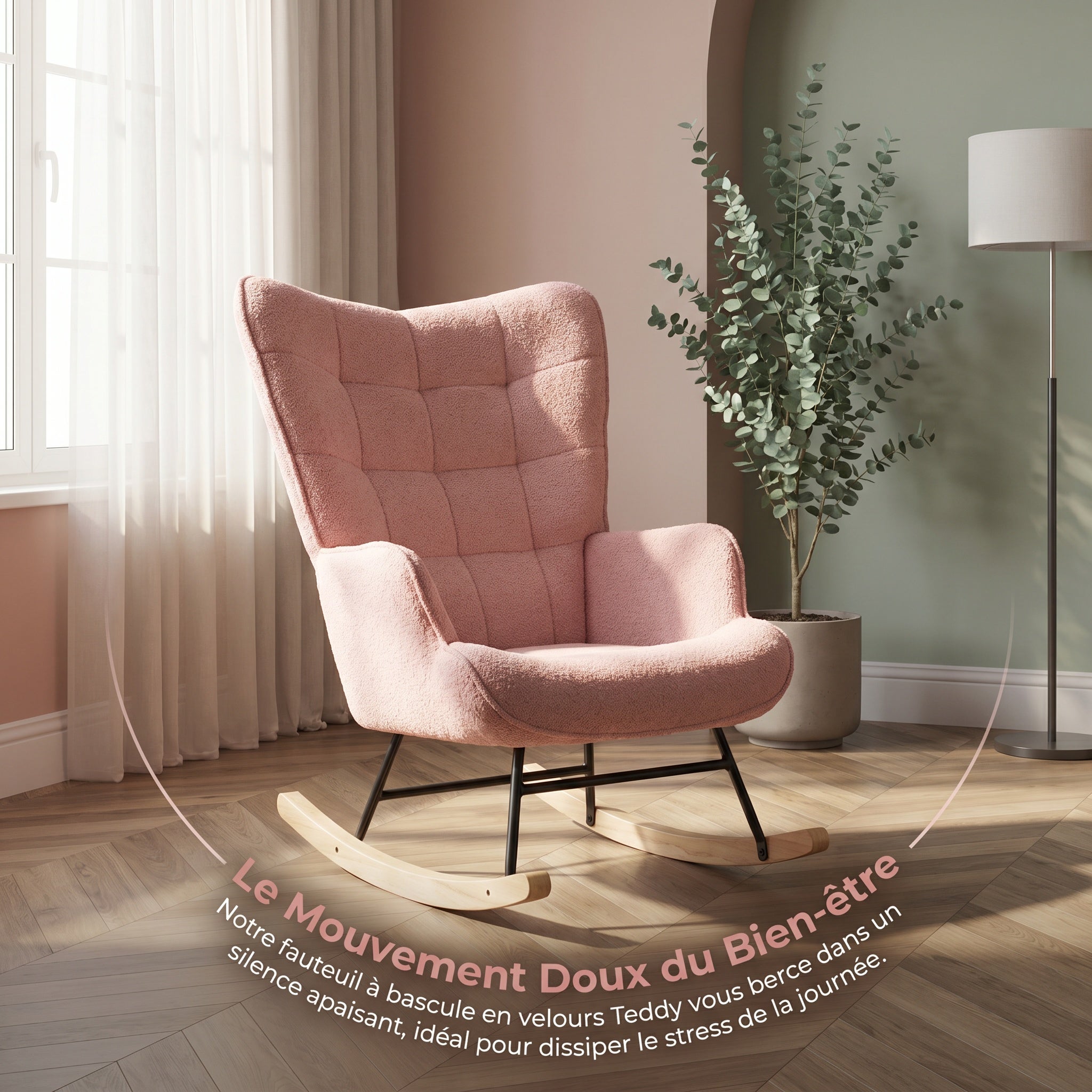 Fauteuil à Bascule, Rocking Chair d'Allaitement - Structure en métal et pieds bois massif, Maximale : 150 kg, Tissu Peluche Teddy, Rose, 75x68x92 cm - 5