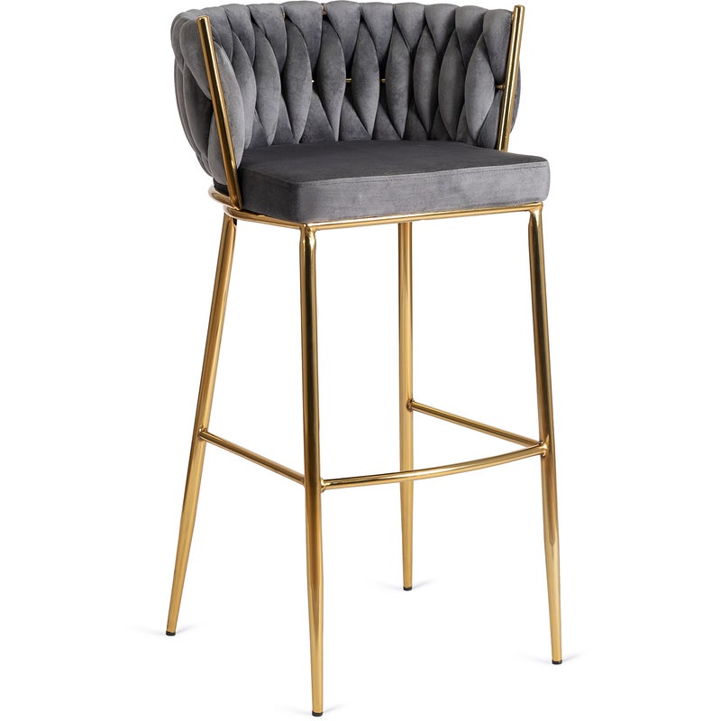 Hoker Krzesło Barowe z Oparciem Plecione Złote Nogi Welurowy Szary FLORES 2