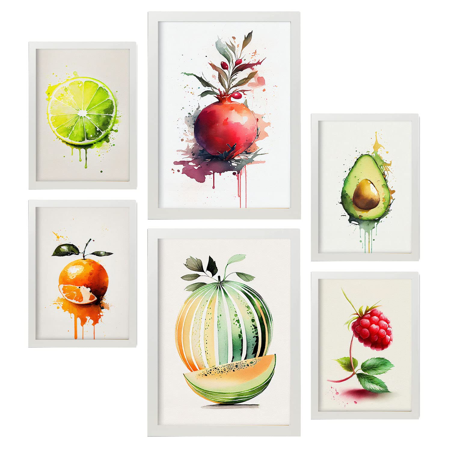 Nacnic posters de frutas de verano ilustraciones de frutas verduras y alimentos saludables estilo acuarela en fondo blanco a4 & a3 marcos blanco