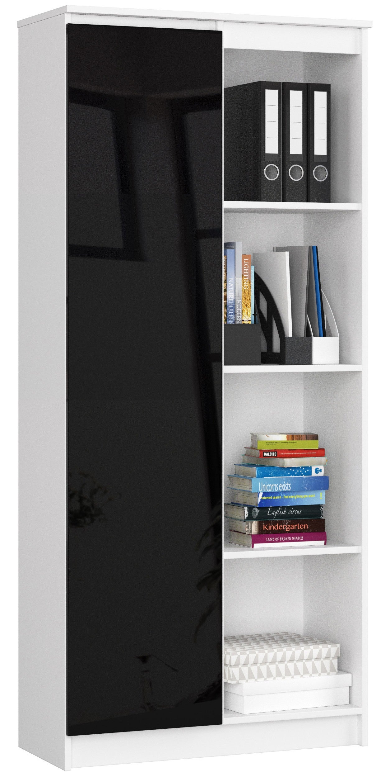 Regał AKORD R80 Biały 80 cm 1 drzwi kolor Czarny Połysk 8 półek 80x35x180 cm