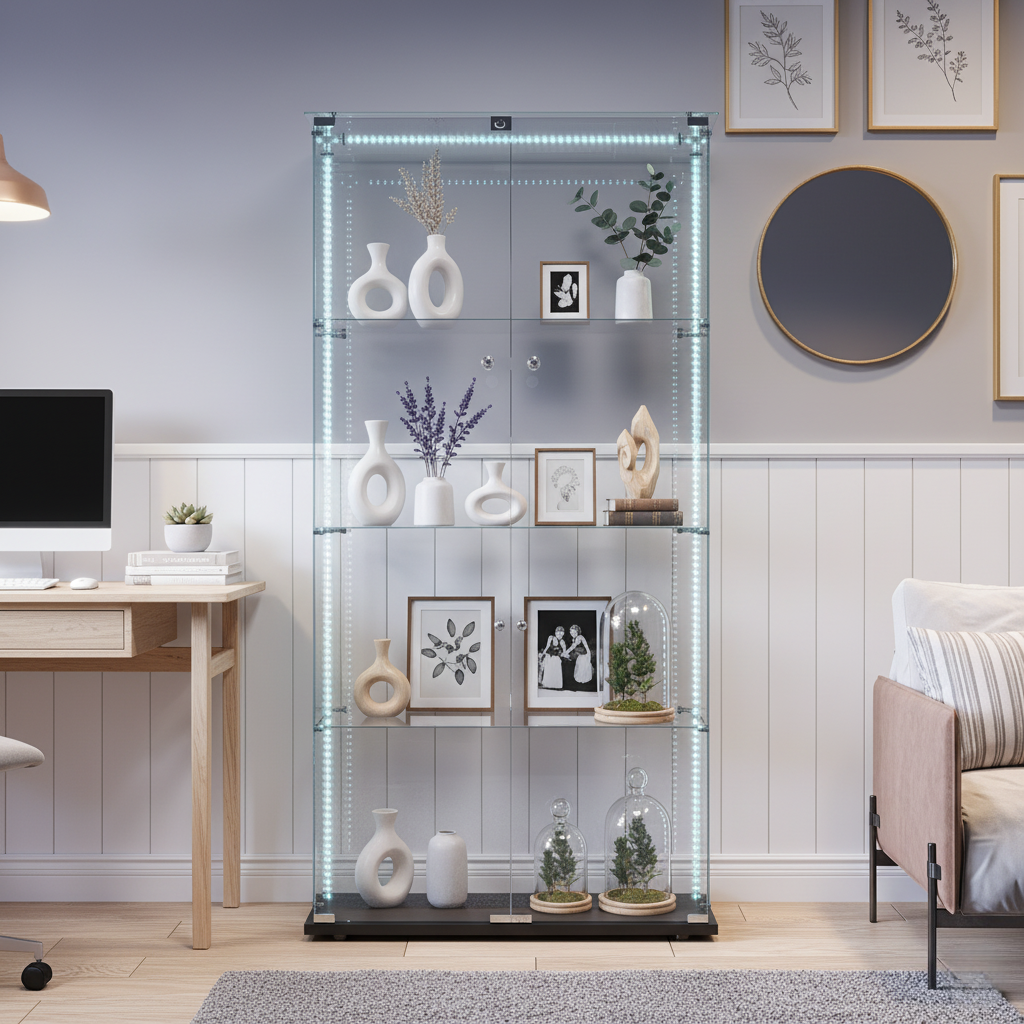 Vitrine en verre avec dispositif anti-basculement, éclairage LED ...