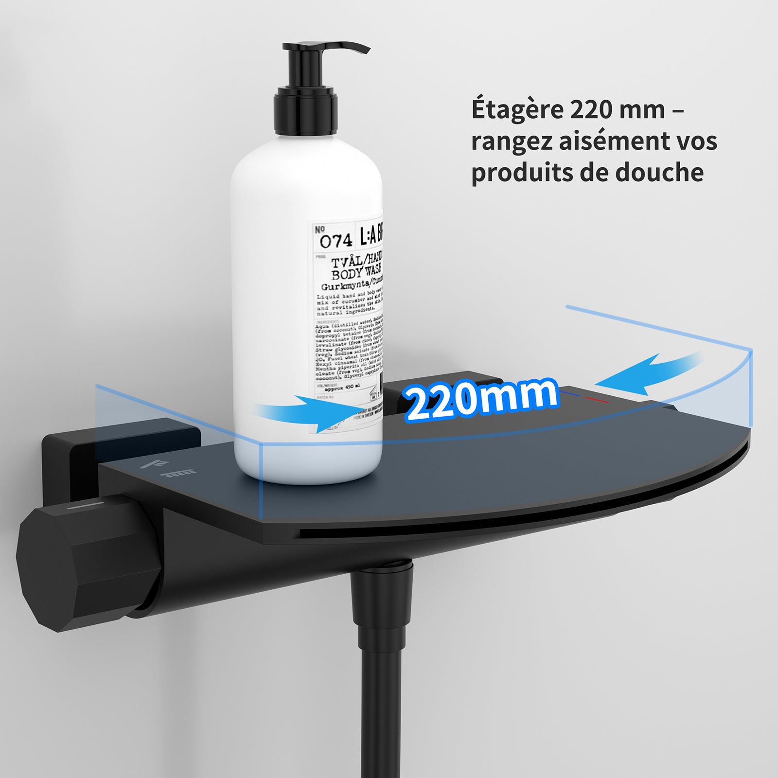 Mitigeur de Baignoire Cascade Extra-Large en Laiton avec Douchette 3+1 Modes et Étagère, Robinet Mural Noir Grand Débit - 5