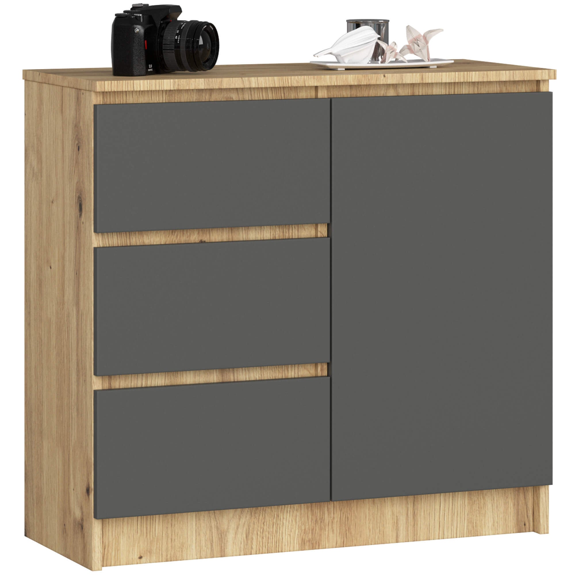 Komoda AKORD JERRY Dąb Artisan 80 cm 1 drzwi 3 szuflady kolor Grafit Szary mat 2 półki 80x35x77 cm