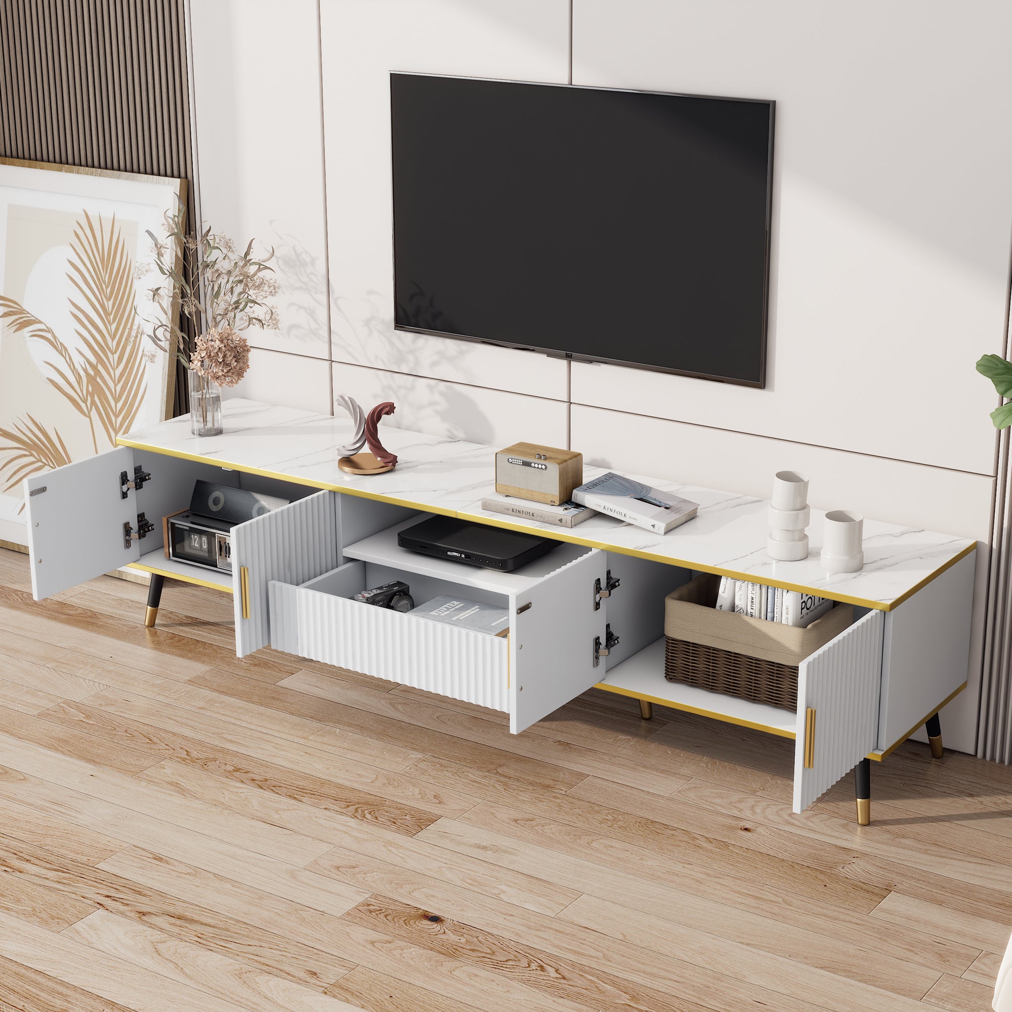 Mobile TV Effetto Marmo Bianco E Oro 200x40x46 Cm – Due Ante, Un Cassetto, Per TV Fino A 90 Pollici!