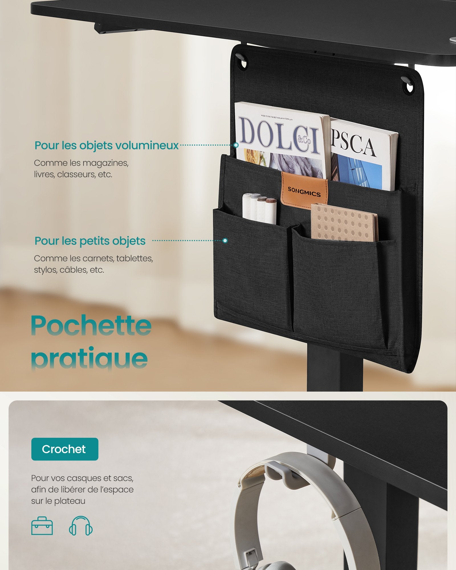 Bureau Électrique Réglable en Hauteur, 180 x 80 cm, Fonction Mémoire 4 Hauteurs, Port USB-C, Organiseur, pour Télétravail, Noir d'Encre - 6