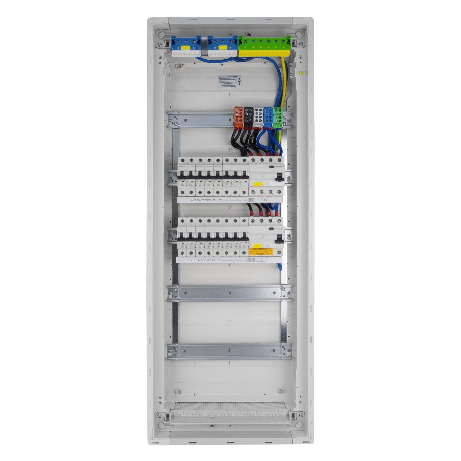 Rozdzielnica modułowa podtynkowa 5x12 zabezpieczona 14xMCB 2xRCCB VDE 880,50x348x94,5mm zaciski rozgałęźne L1, L2, L3, N, PE Doktorvolt DV-6272-PT