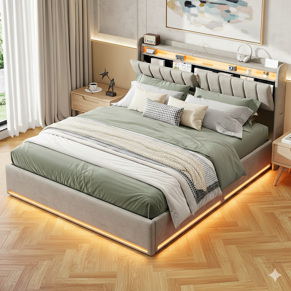 Lit 160x200cm - Lit coffre 160x200 avec sommier et tête de lit rangement - LED et port charge - velours - gris - 6
