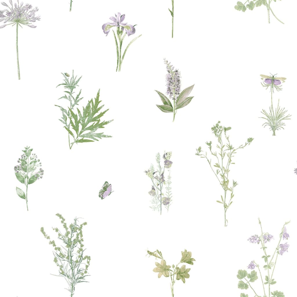 Papel de pared evergreen herbs and flowers blanco