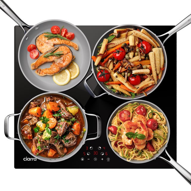 CIARRA Piano cottura induzione 4 fuochi 59 cm 6000W Timer 99 min Mantenimento del calore Nero CD4BIH-E