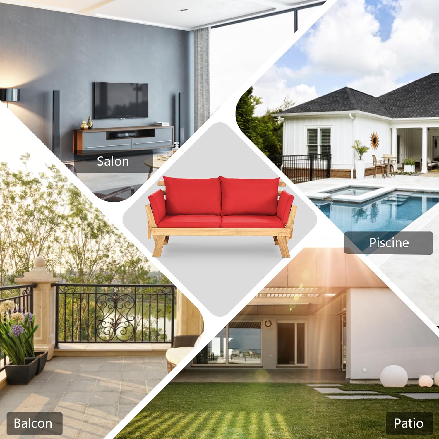 3 en 1 Canapé Lit de Jardin Extensible 2 Places Bois Acacia FSC Charge 320 KG-Accoudoirs Réglables/Coussins/Dossier Amovibles Rouge - 6