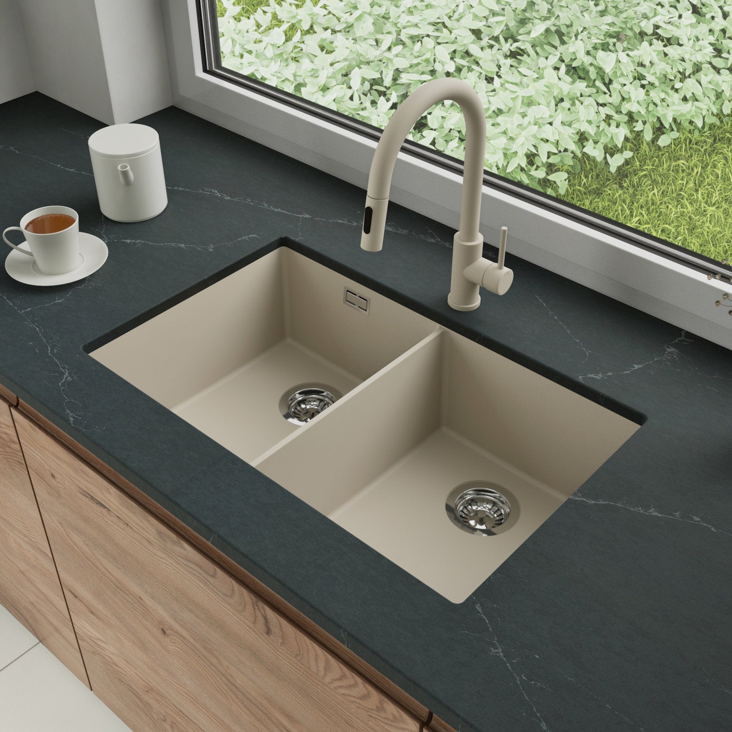 Zlewozmywak podblatowy 76x47cm, do szafki od 80cm + Bateria + Syfon - Agate Beżowy STONESTYLE