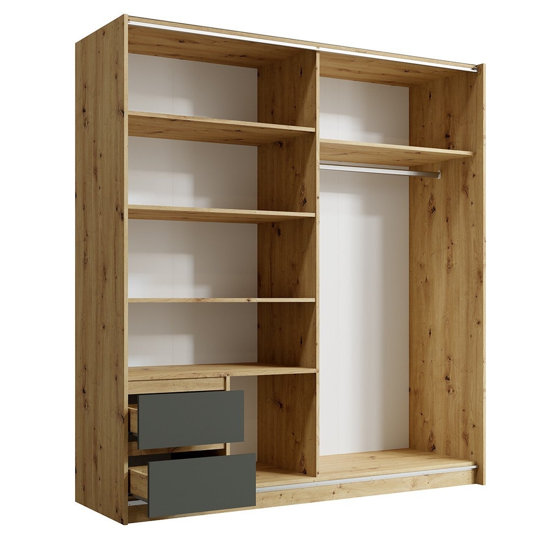 Armoire 180cm avec 2 portes coulissantes et 2 tiroirs coloris chêne et gris anthracite. Collection ARIELLE - 3