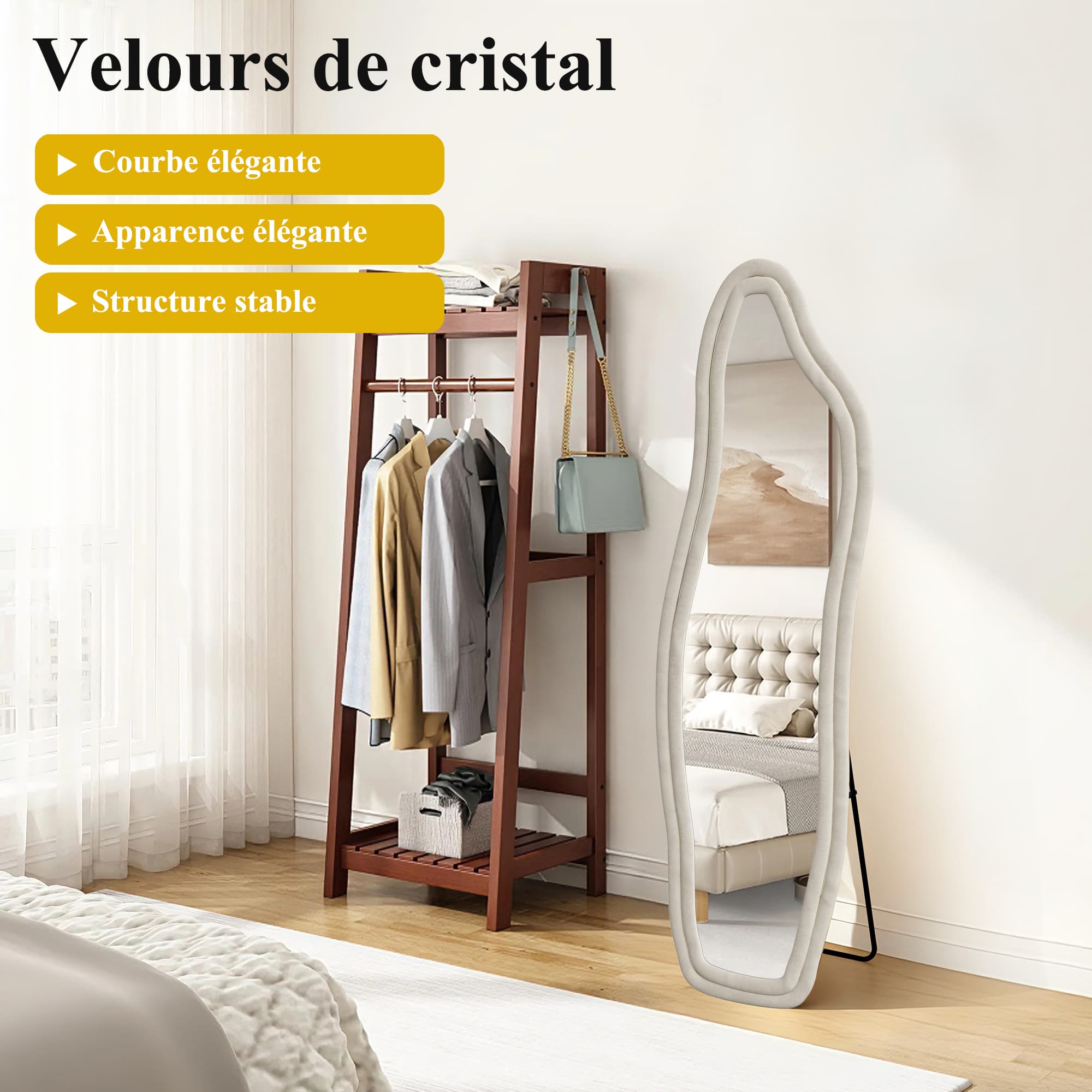 Miroir sur pied de forme ondulée irrégulière 145*50, peut être posé à gauche ou fixé au mur, convient aux chambres et aux salons, blanc. - 8
