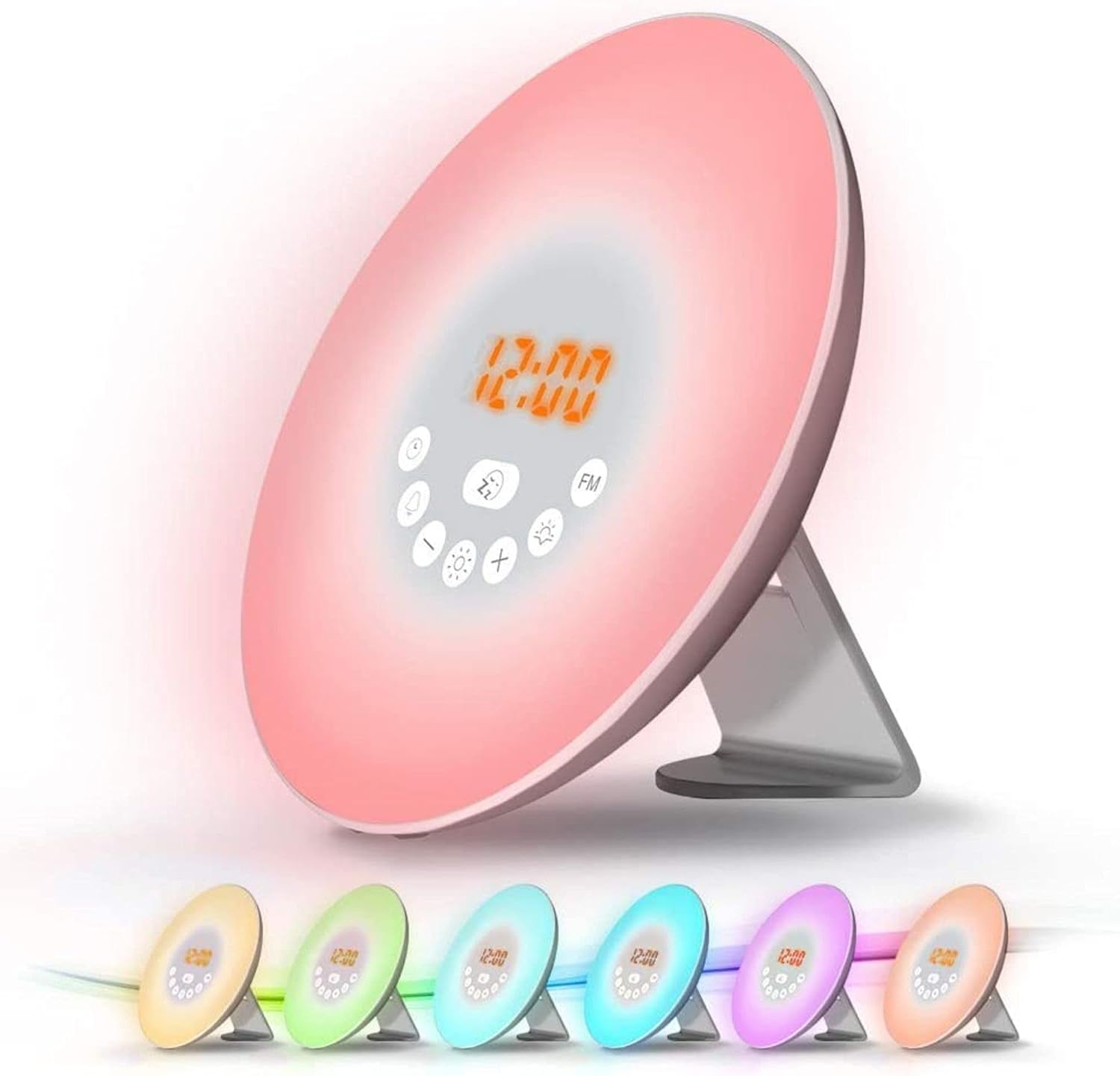 Radiobudzik z lampką nocną i budzikiem, sterowanie dotykowe LED, wschód słońca, zachód słońca, drzemka, 6 naturalnych dźwięków, 7 kolorów
