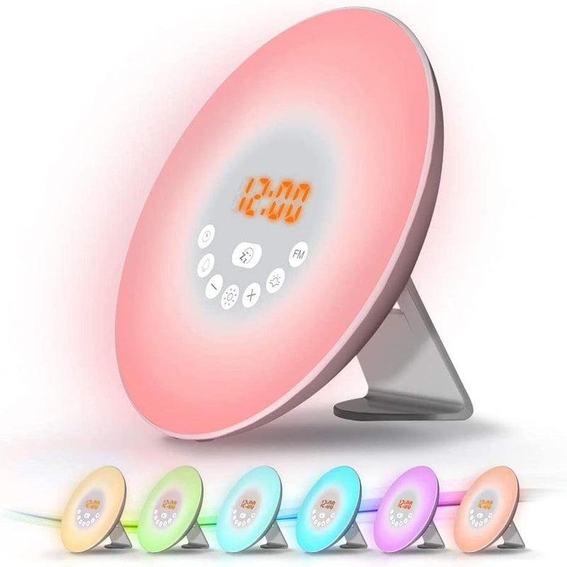 Radiobudzik z lampką nocną i budzikiem, sterowanie dotykowe LED, wschód słońca, zachód słońca, drzemka, 6 naturalnych dźwięków, 7 kolorów