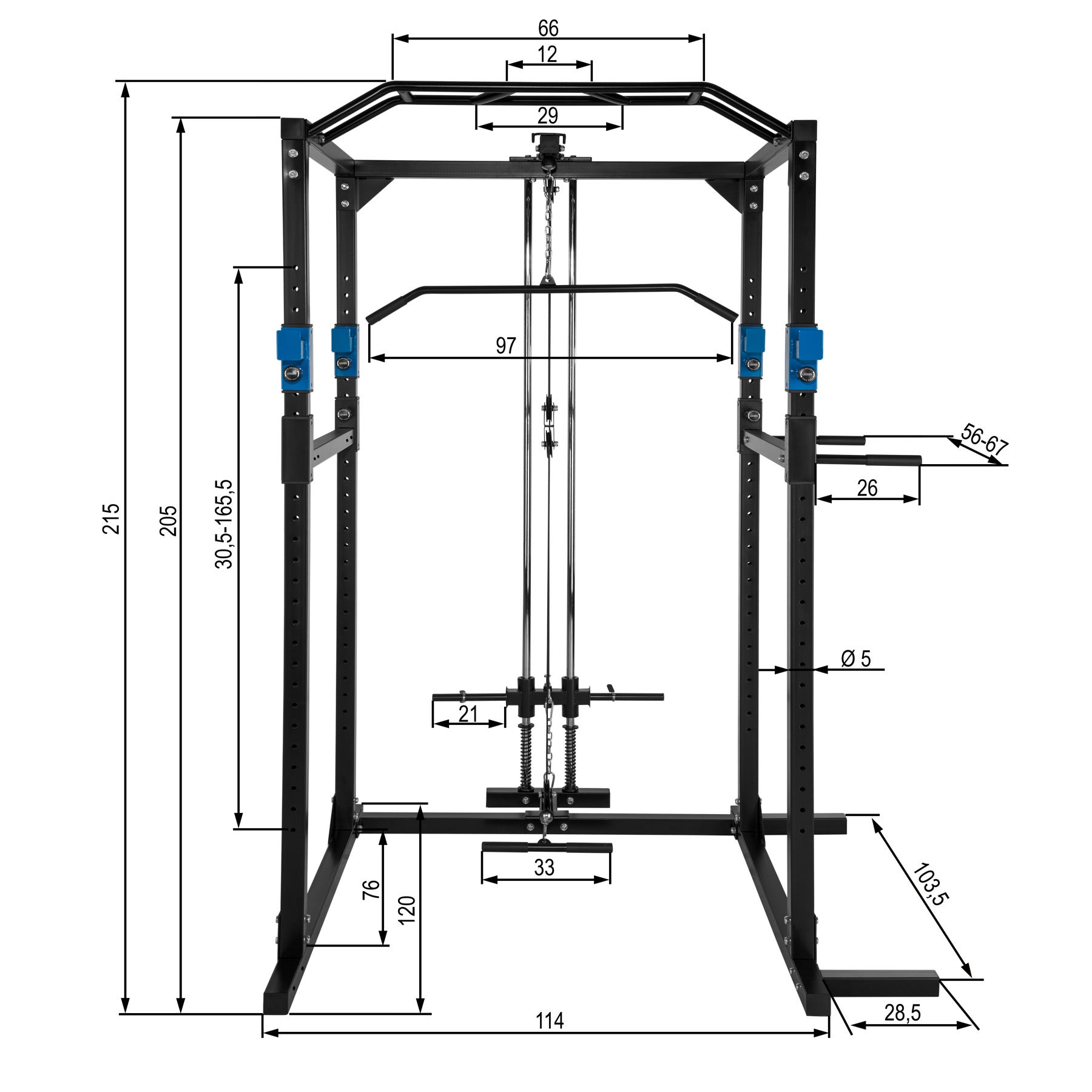 Estação de musculação multifuncional com polias de aço e suportes ajustáveis, 136 x 142,5 x 215 cm, preto/azul, TECTAKE - 6