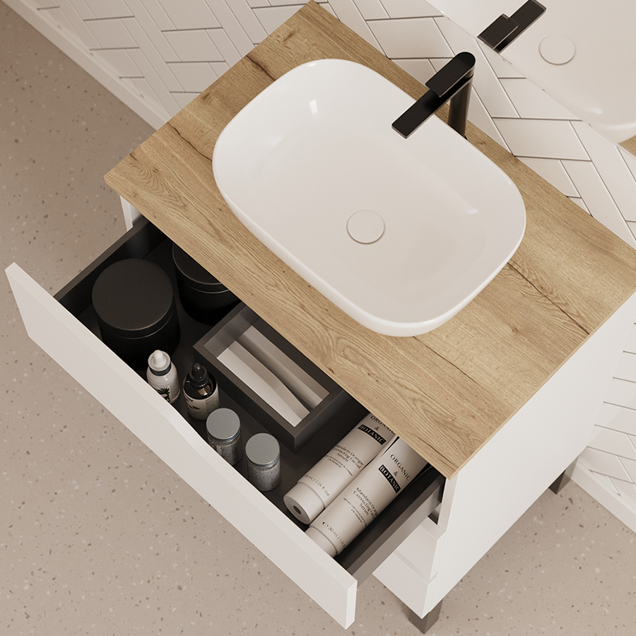 Meuble de salle de bain 60cm avec plateau miel et vasque à poser zeus - 3 tiroirs - sans miroir - blanc - MATA - 2