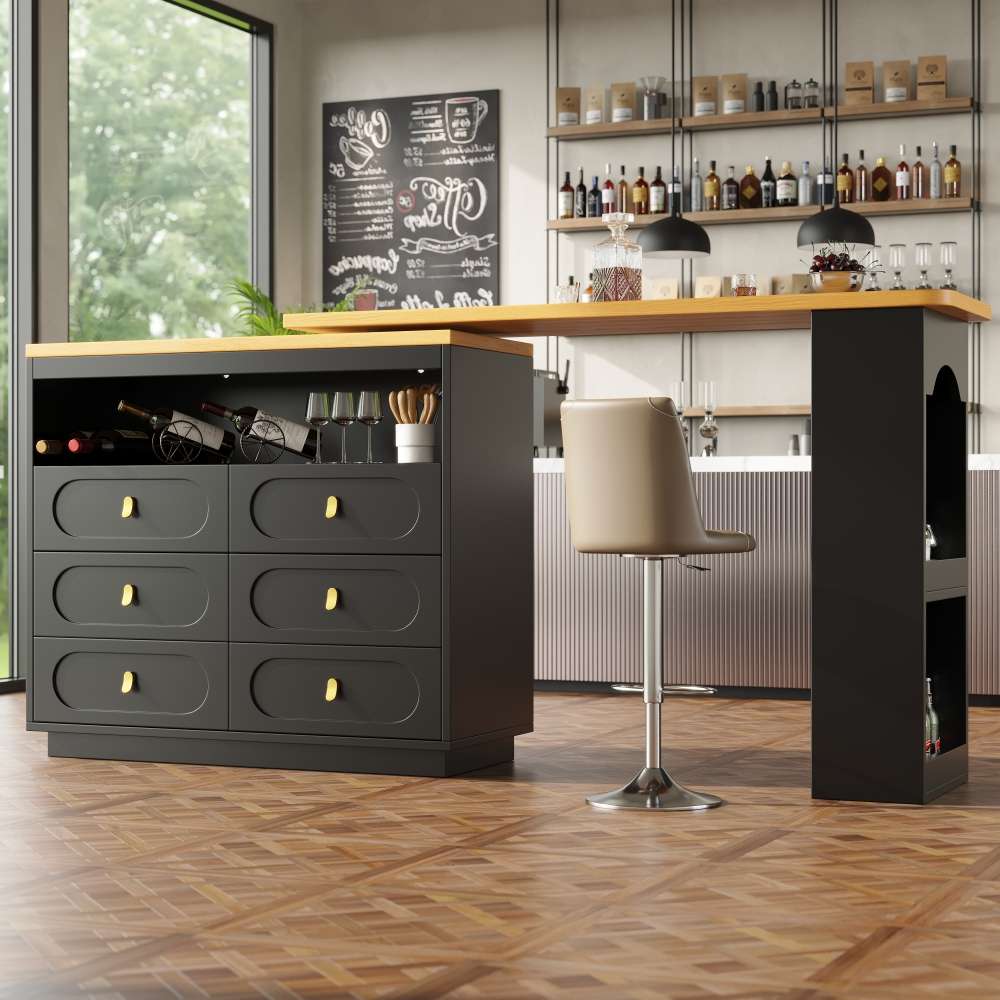 Mesa de bar extensible con rotación 360° y cajones – ajustable 138-203 cm, multifuncional para cocina, salón, oficina