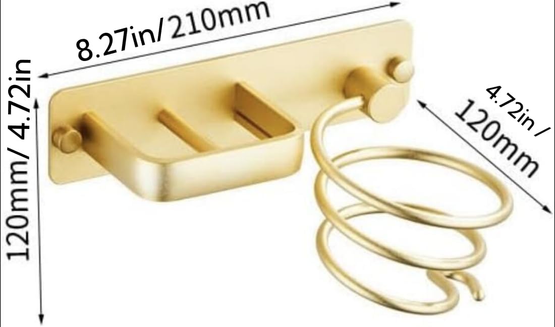 Supporto per asciugacapelli, supporto per piastra con vano portacavi, supporto da parete in metallo per riporre asciugacapelli, spazzole e altro (oro) - 4