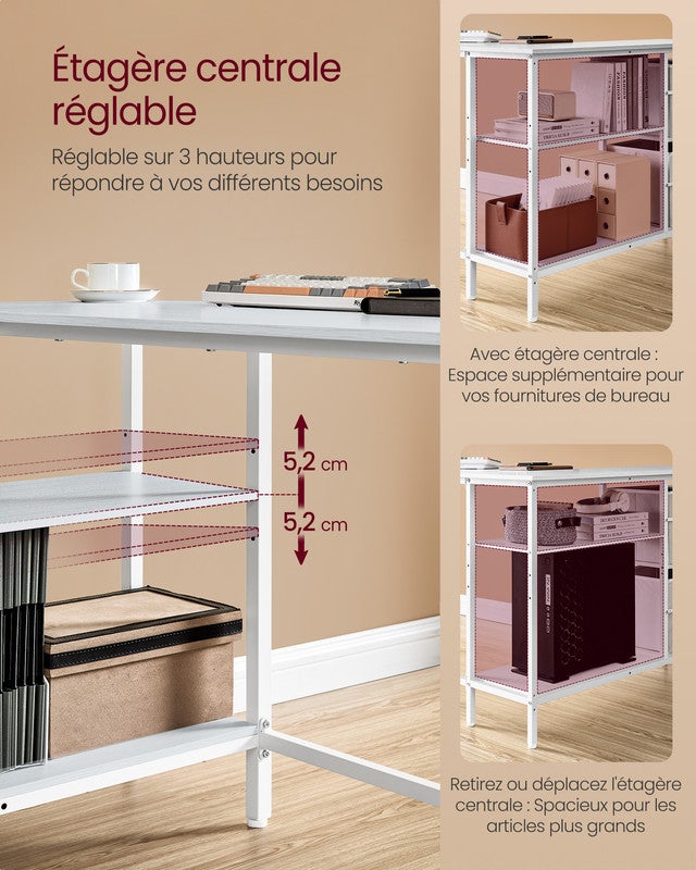 Bureau d'Ordinateur en Forme de L, Bureau d'Angle, 2 Tiroirs Spacieux, Support de Moniteur, Étagère Réglable, Blanc Érable - 4