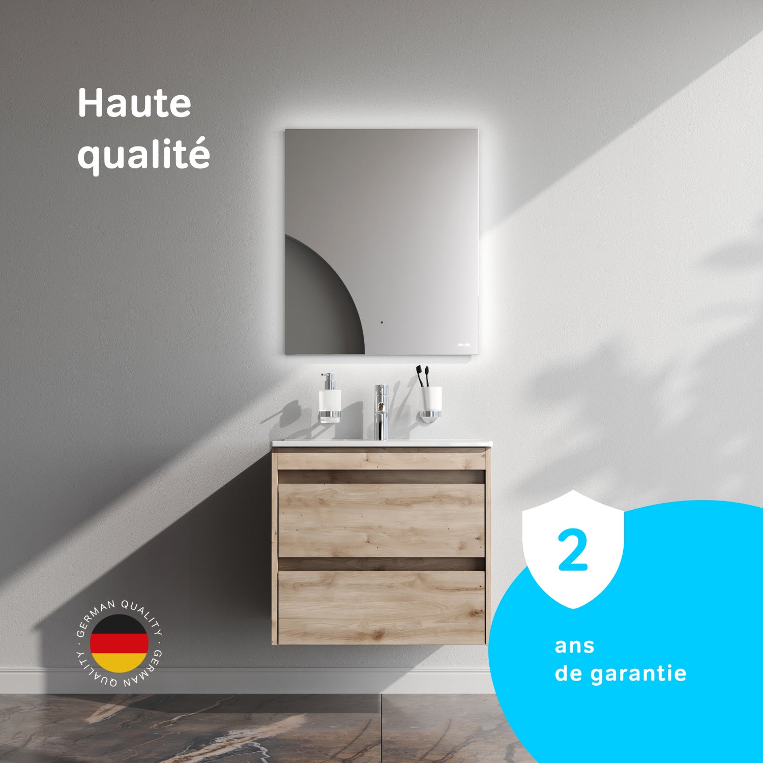 Meuble salle de bains avec Vasque en Céramique Meuble simple vasque suspendu 60 cm effet bois clair avec lavabo intégré, 2 tiroirs, design, AM.PM - 8