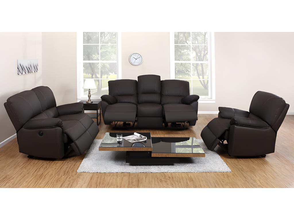 Ensemble Salon 2 Canapés + 1 Fauteuil En Cuir Buffle Marron - Occasion - Cuir Center