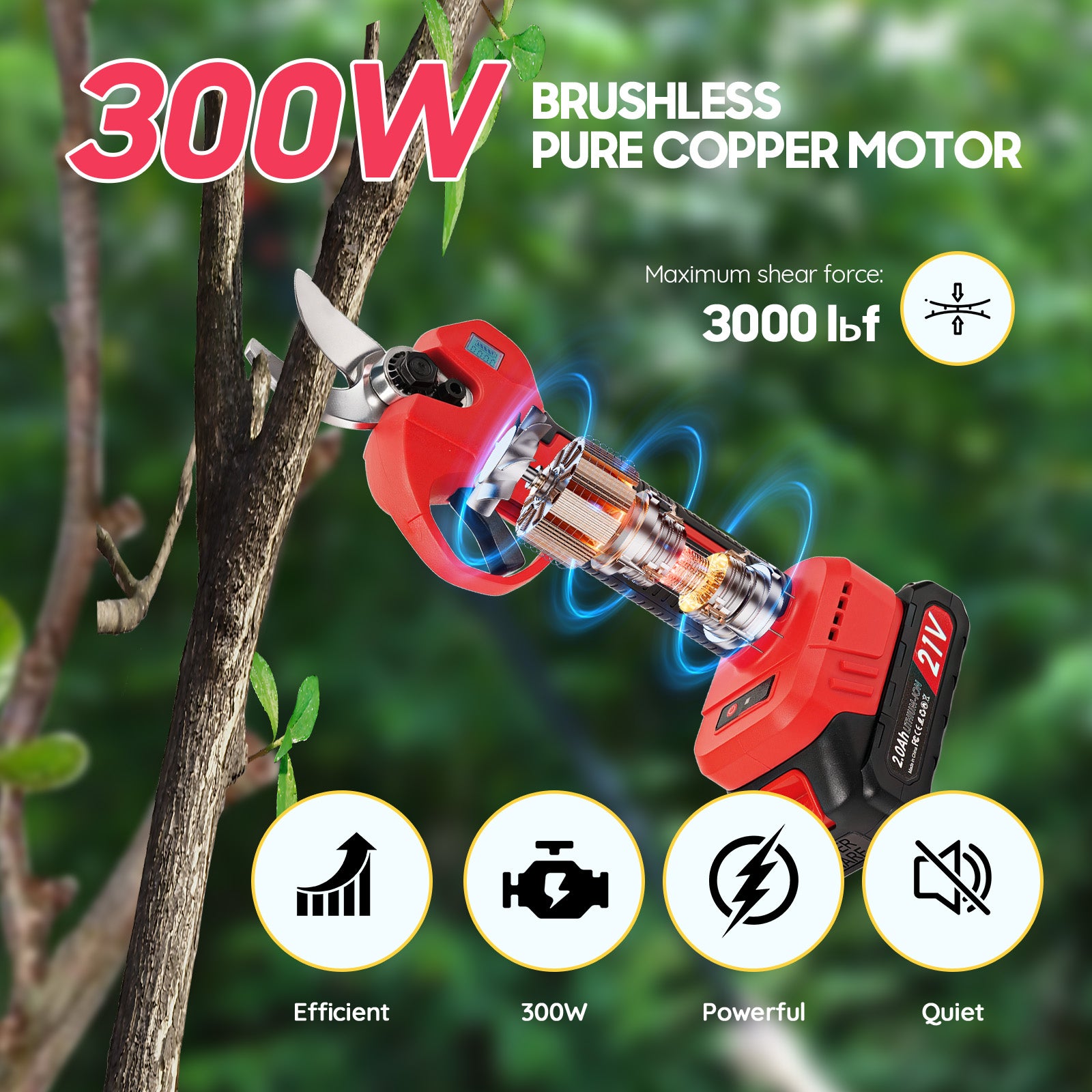 Sécateur Électrique Sans Brosse 21V 300W, 3 Modes, Batterie 2x2Ah, Tête 180° & Perche Télescopique - 3