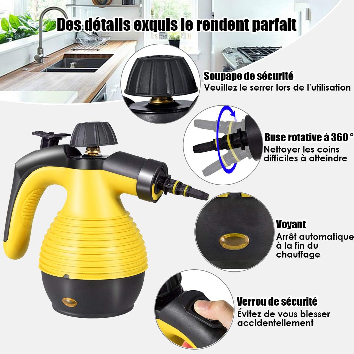 Limpador a Vapor Portátil, Limpador a Vapor Portátil com 9 Acessórios para Remover Manchas, Tapetes, Cortinas, 3 Bar de Alta Pressão, 350 ml, Amarelo - 5