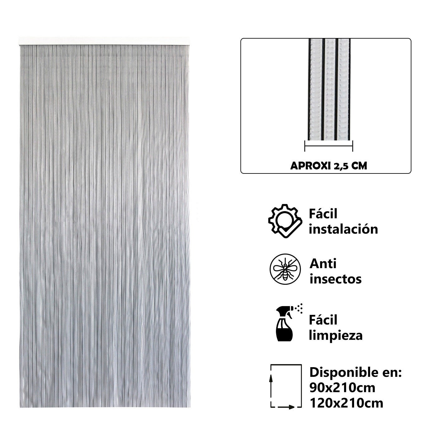 Aitsse- cortina de pvc para puerta exterior o interior con barra de aluminio (210x90cm,transparente+filo negro p4)