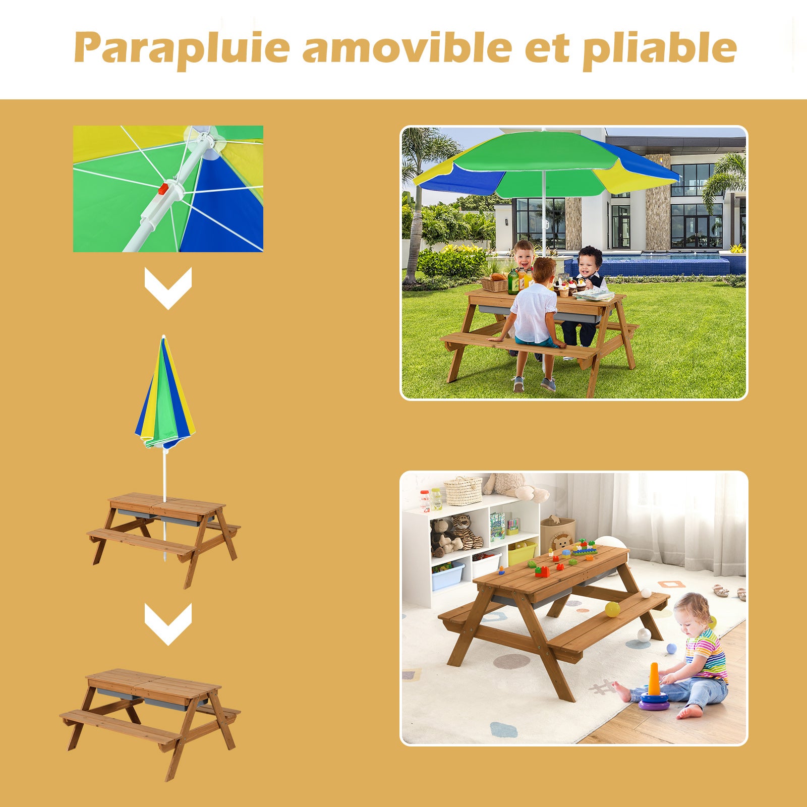 3 en 1 Table de Pique-Nique Enfants avec Parasol et Plateau Amovible, 2 Boîtes pour Sable & Eau pour 4 Enfants de 3-7 Ans, Charge 50kg (Bleu+Jaune) - 5