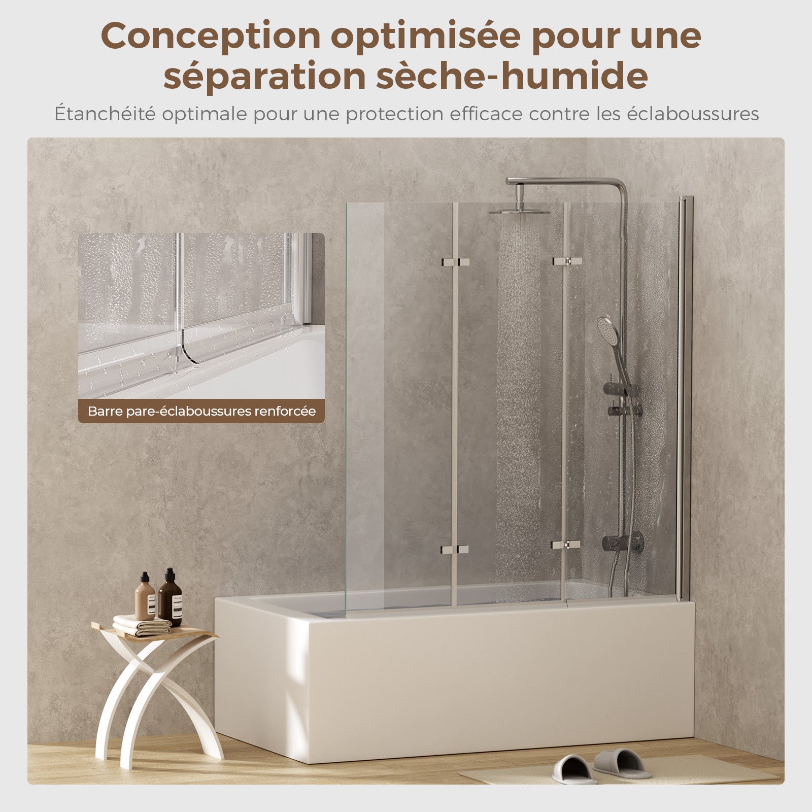 Paroi de baignoire pliante 3 volets, verre trempé 6 mm anticalcaire, aluminium finition argentée, 120x140 cm, pare-baignoire compact - 5