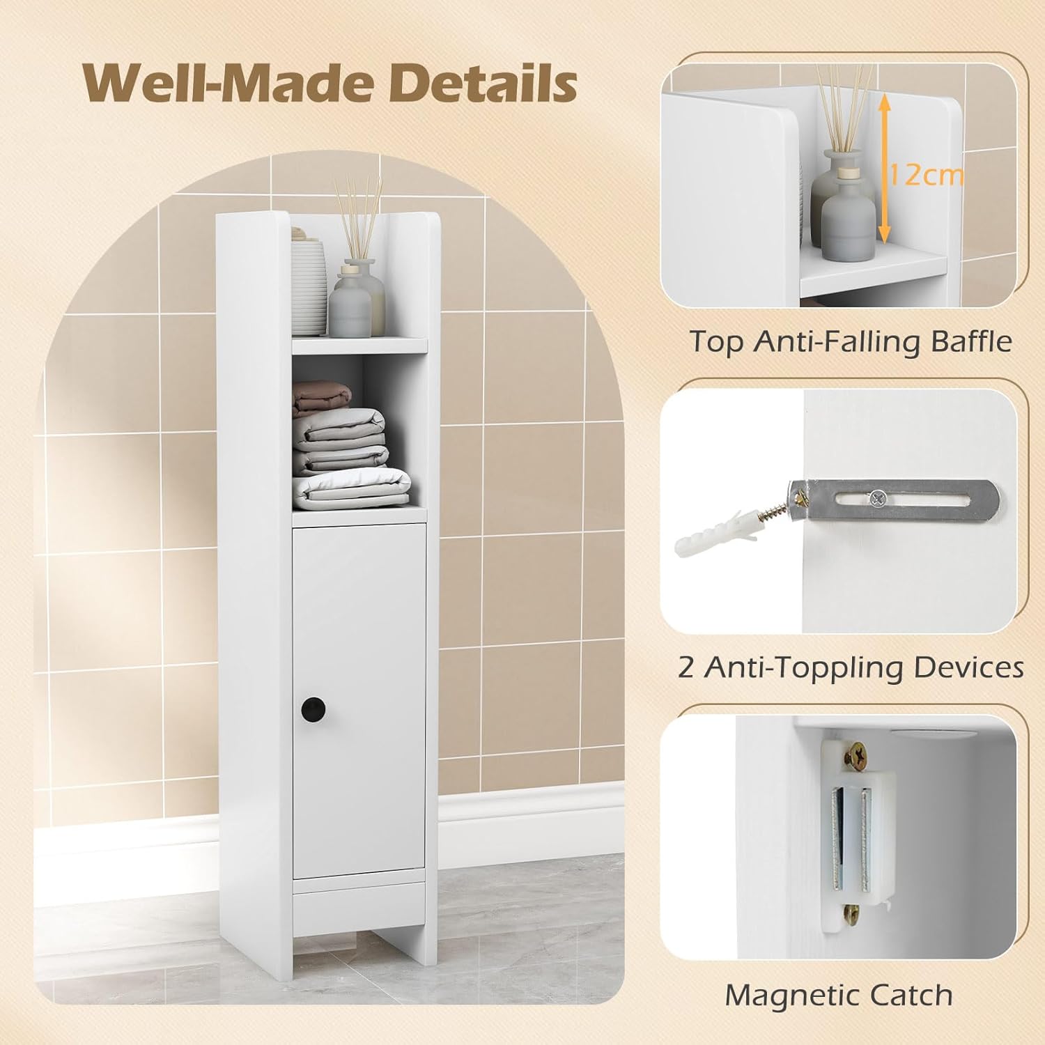 LIFEZEAL Armoire de Rangement Salle de Bain Étroite, avec Porte Fermée et Étagères Réglables, Meuble de Rangement pour Salle de Bain，Blanc - 6