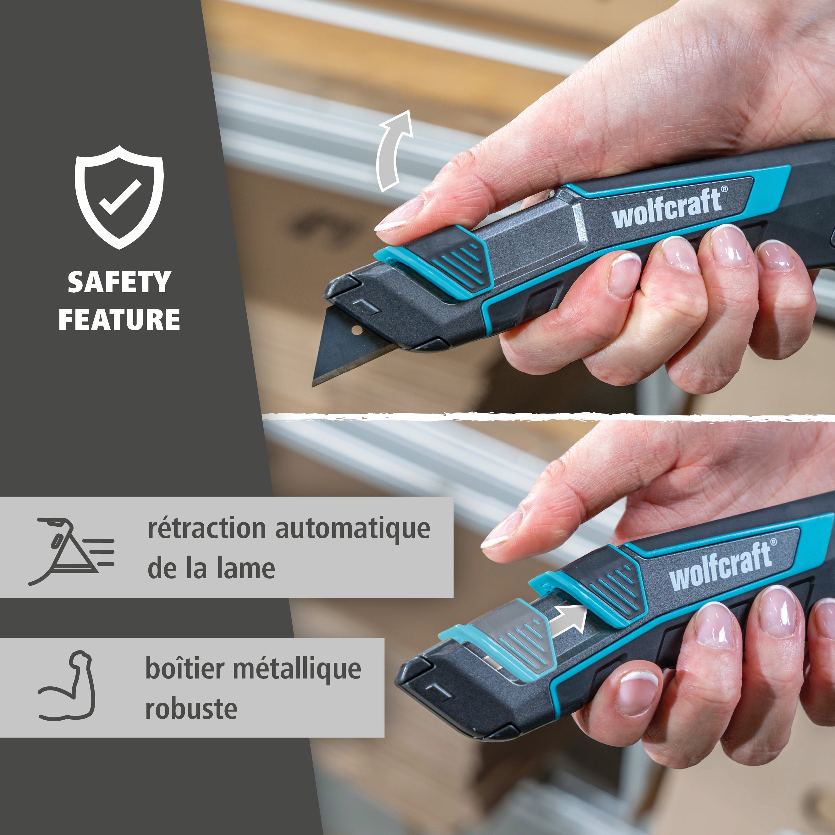 Kit de cutter de sécurité à lame trapèze PRO SAFETY avec étui - 1 cutter et 6 lames de rechange - wolfcraft 8669060 - 4