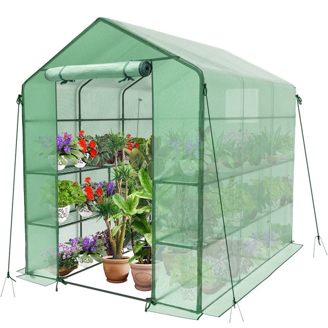 Serre de jardin avec étagères 143x215x195cm vert - bâche renforcée 135g/m², fenêtre moustiquaire, porte enroulable zippée - VOUNOT®