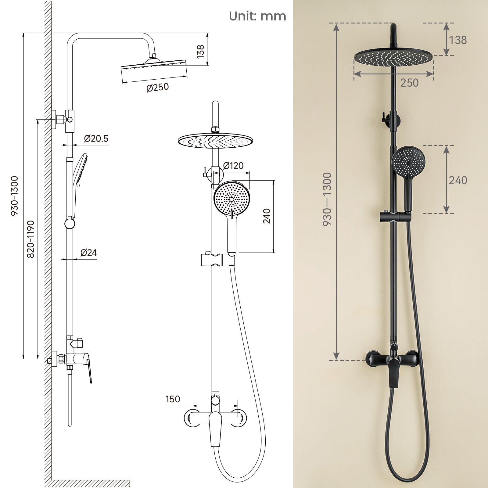 Sistema ducha con grifo mezclador latón,columna ducha altura ajustable,cabezal de ducha redondo de 25 cm y ducha mano 3 chorros,inoxidable,negro. - 5
