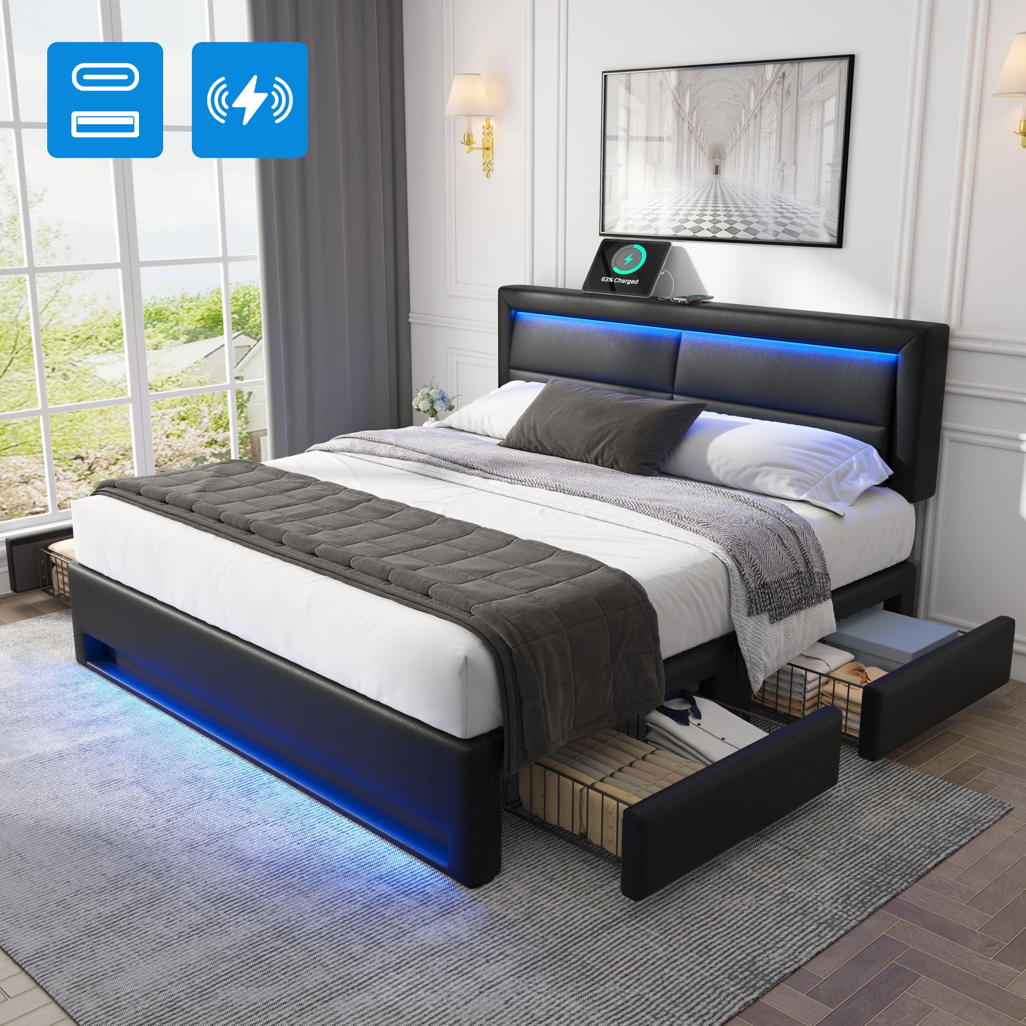 Lit 140x190 cm - 4 szuflady do przechowywania - Port USB + ładowanie bezprzewodowe - Regulowane oświetlenie LED - Design skóry PU lichi czarnej