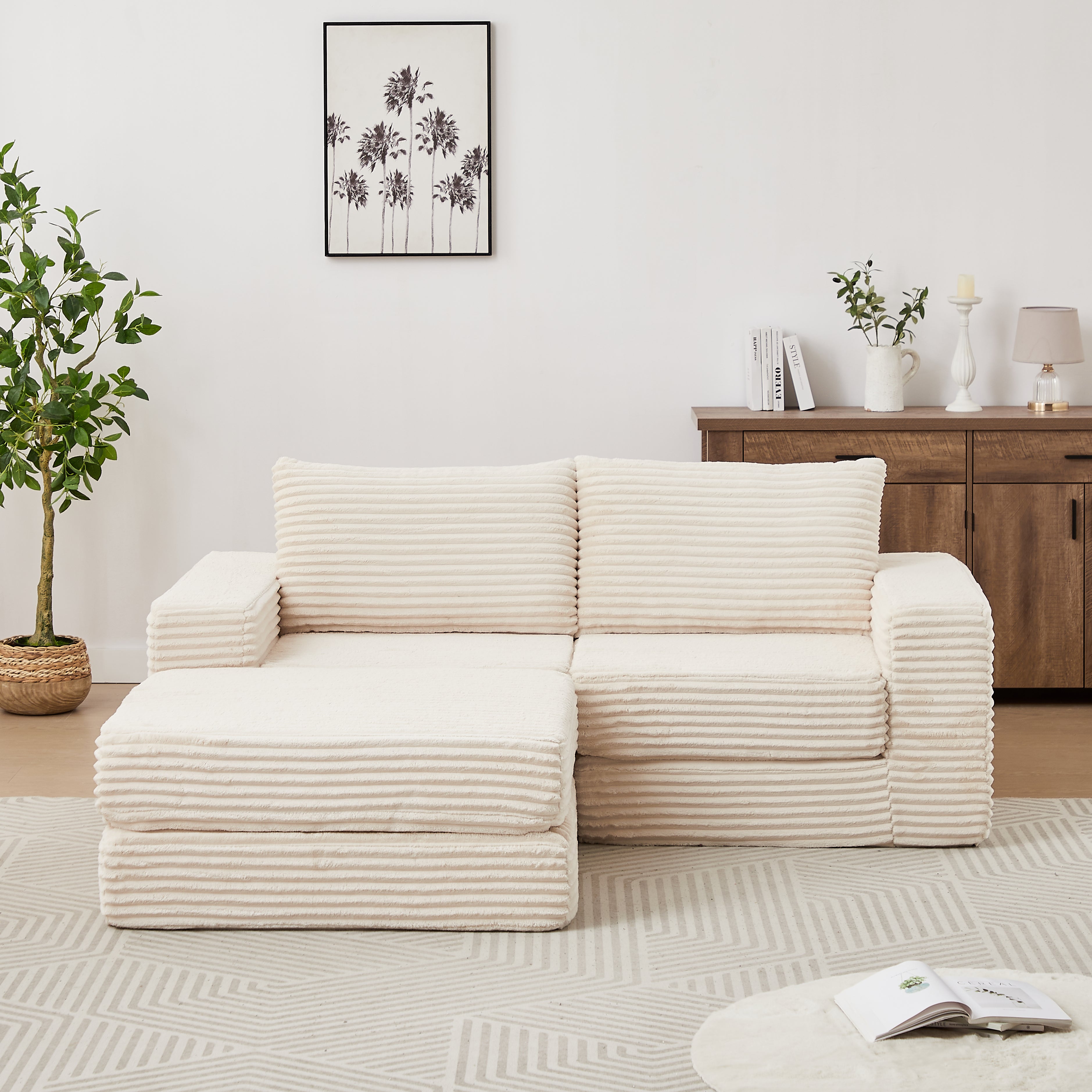 Canapé convertible en velours côtelé, modules combinables et repose-pieds amovible, convient pour salon, beige - 3