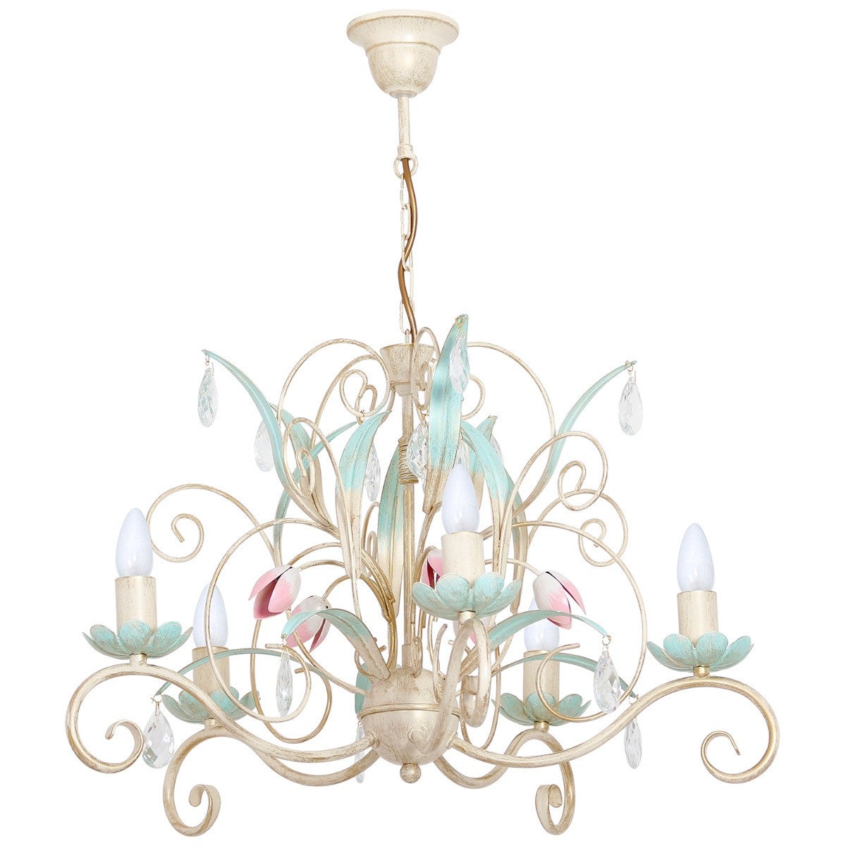 Lampa wisząca Luce kremowo-zielona-różowa 5xE14x15W kryształki wym: 70 x 62 x 62 cm metal Luminex