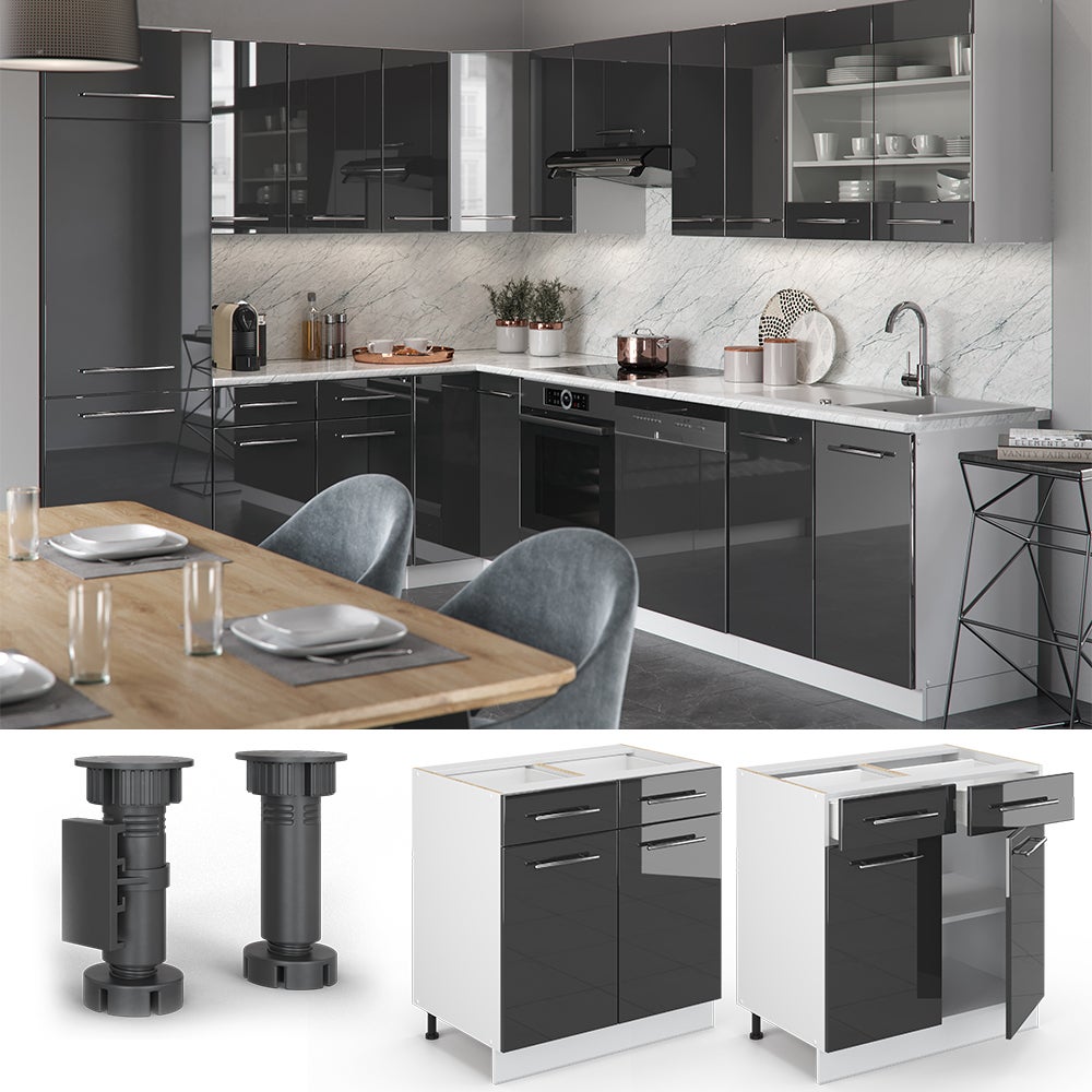Vicco Meuble cuisine Fame-Line, Anthracite Haute brillance, 80cm , PT Marbre - 2