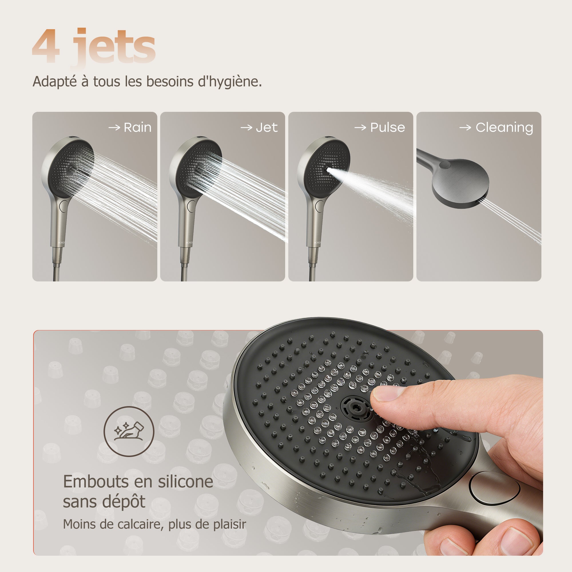 HOROW Ensemble de douche à effet pluie gris, avec Robinetterie Thermostatique, 4 modes de massage, pliable, réglable en hauteur - 6
