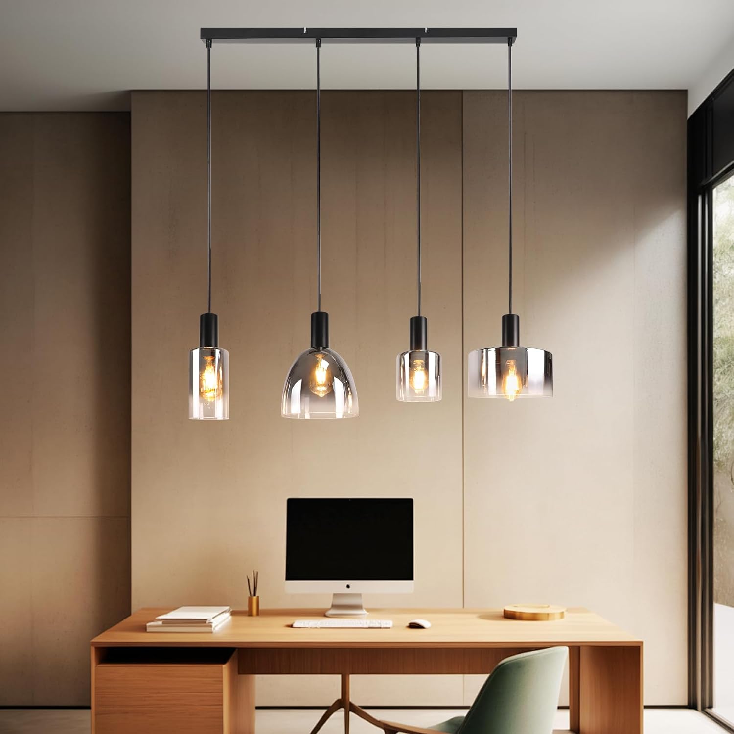 ZMH Suspension Lustre salle à manger 3/4 flammes E27 gris fumée 180CM Suspension Lustre cage d'escalier - 10