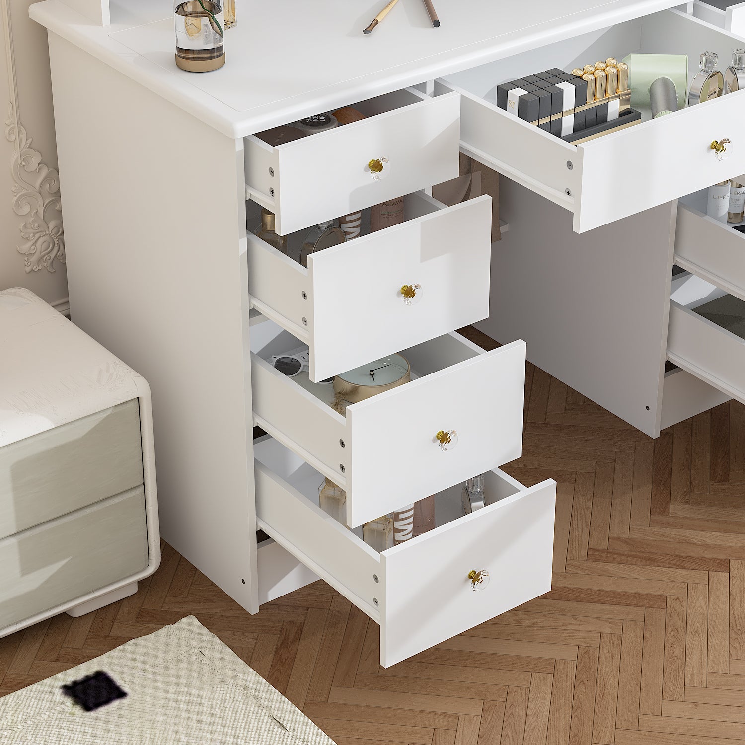 Coiffeuse avec miroir en MDF Blanc H. 137.0 x l. 110.0 x P. 50.0 cm - 6
