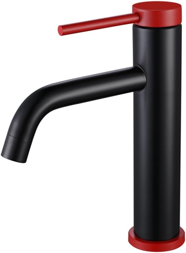 Nowoczesna, jednootworowa bateria umywalkowa ze stali nierdzewnej, czarno-czerwona, jednouchwytowa, z perlatorem o strukturze plastra miodu.