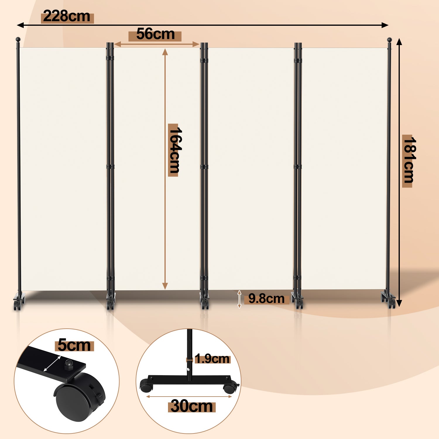 Paravent Séparation Pliable avec roulettes, Cadre en Métal, Idéal pour Salon, Bureau, Hôpital 4 Panneaux Beige 228x181 cm - 2