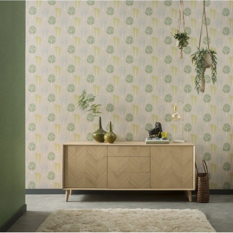 Papel pintado pared árbol de estilo retro - retro tree verde arthouse - rollo de 10 m x 0,53 m
