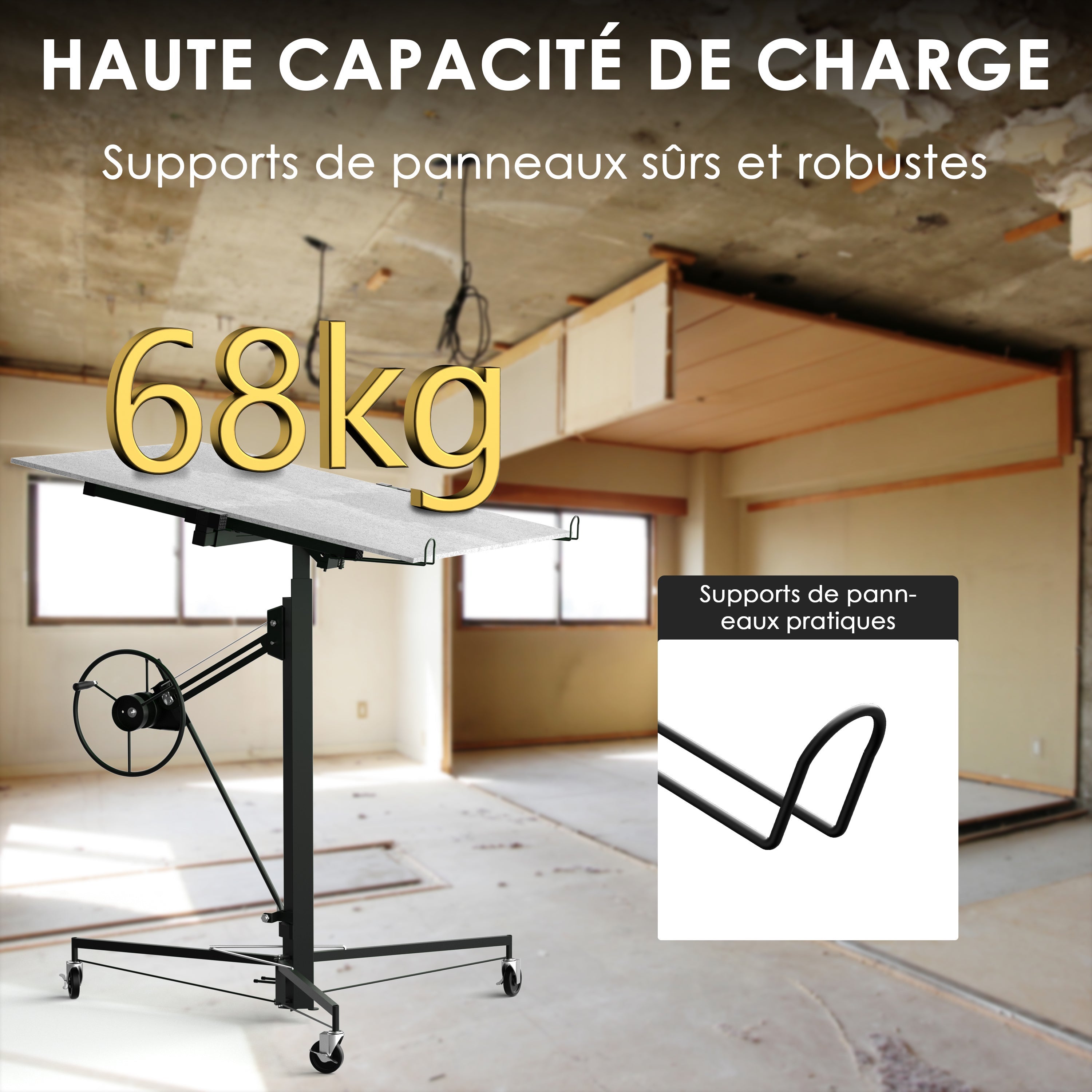 TEENO Grue à plaques de plâtre XXL – Charge maximale 68 kg, hauteur réglable 140–325 cm, couleur noire - 6