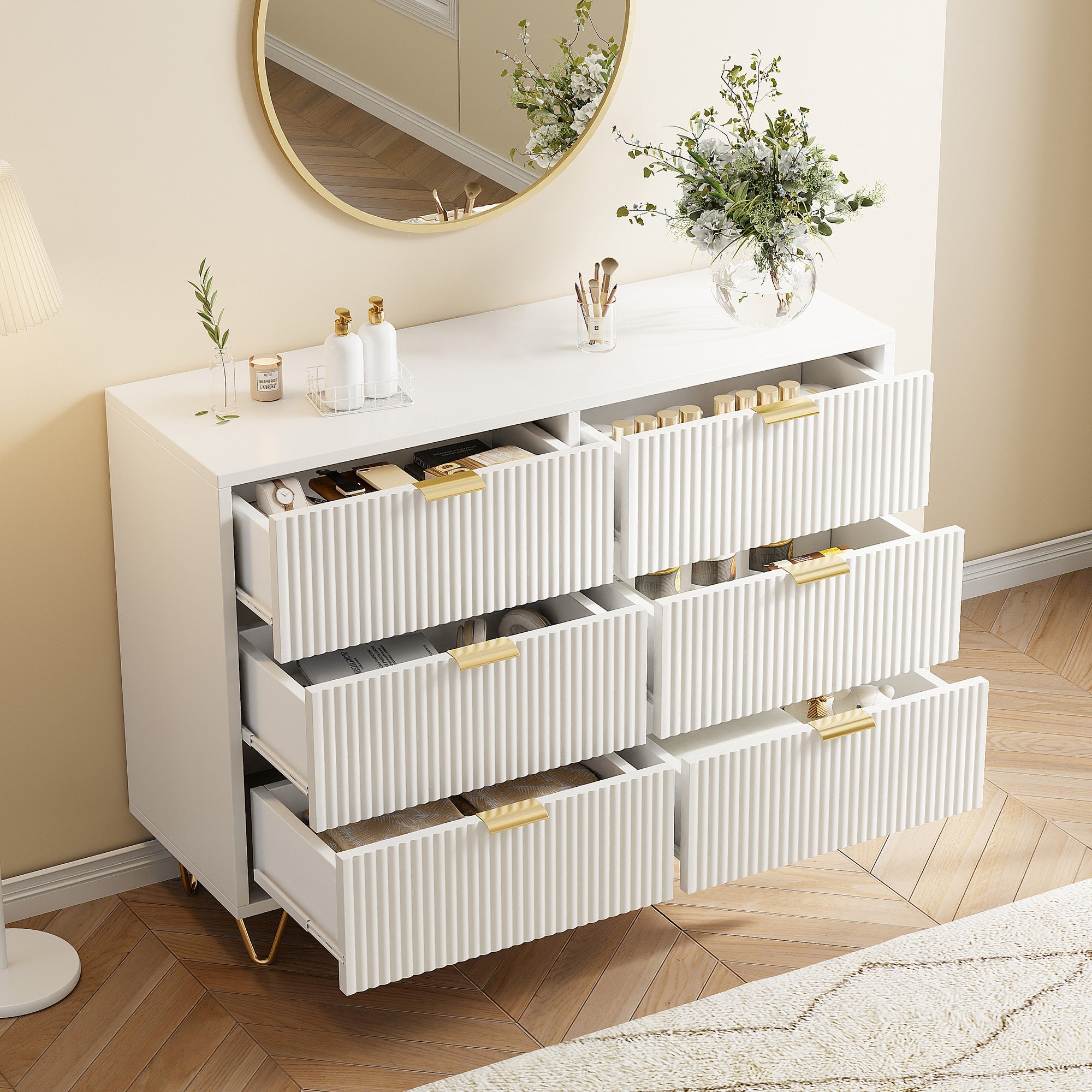 Commode à 6 tiroirs - 100 x 34 x 73 cm - avec poignées et pieds en métal doré - designe moderne armoire- blanc-pour Chambre à Coucher, Salon - 2