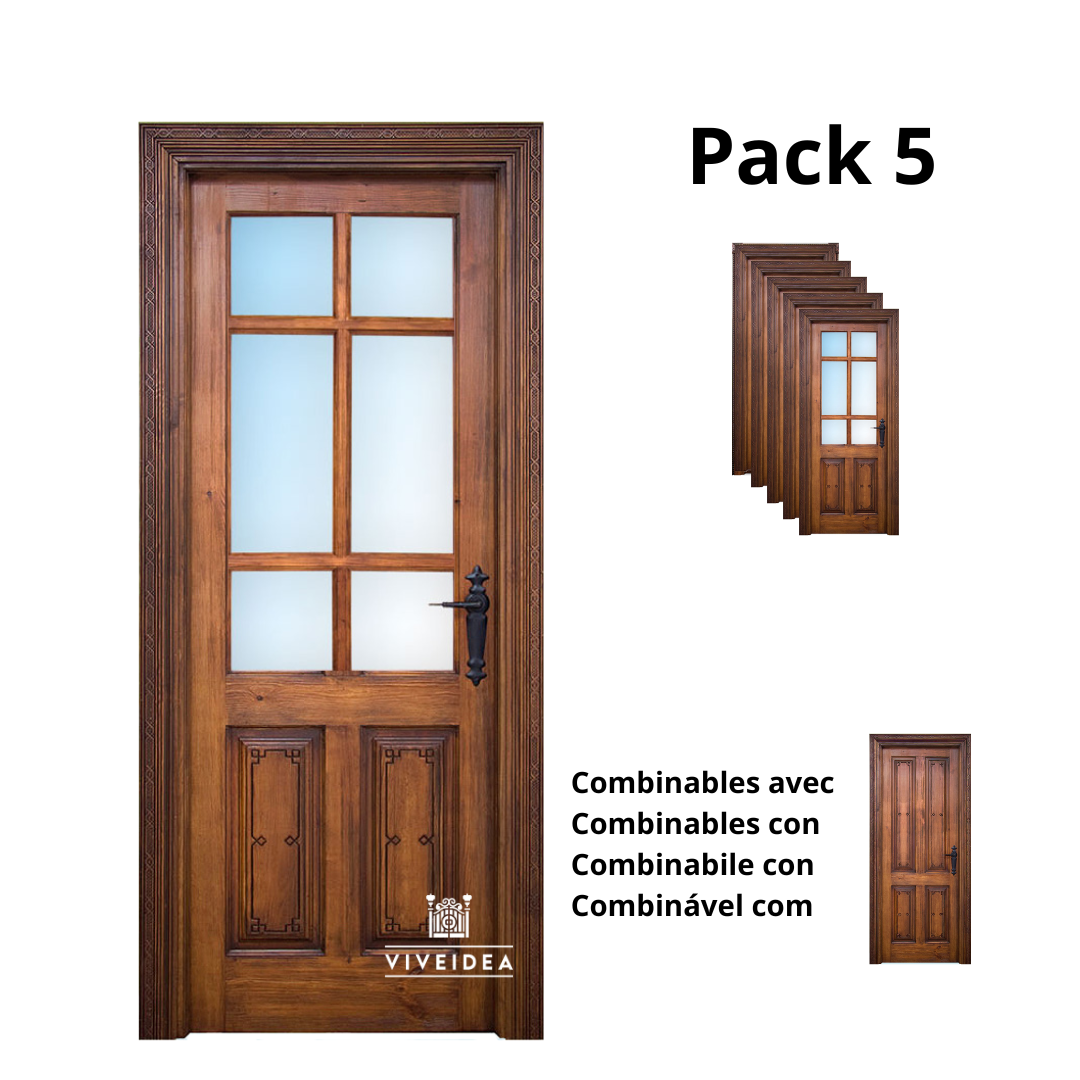 Pack 5 puerta interior una hoja, rústica, tallada, artesanal, madera pino gran calidad, herrajes forja, acabada en nogal a la cera, mod.atlas v5