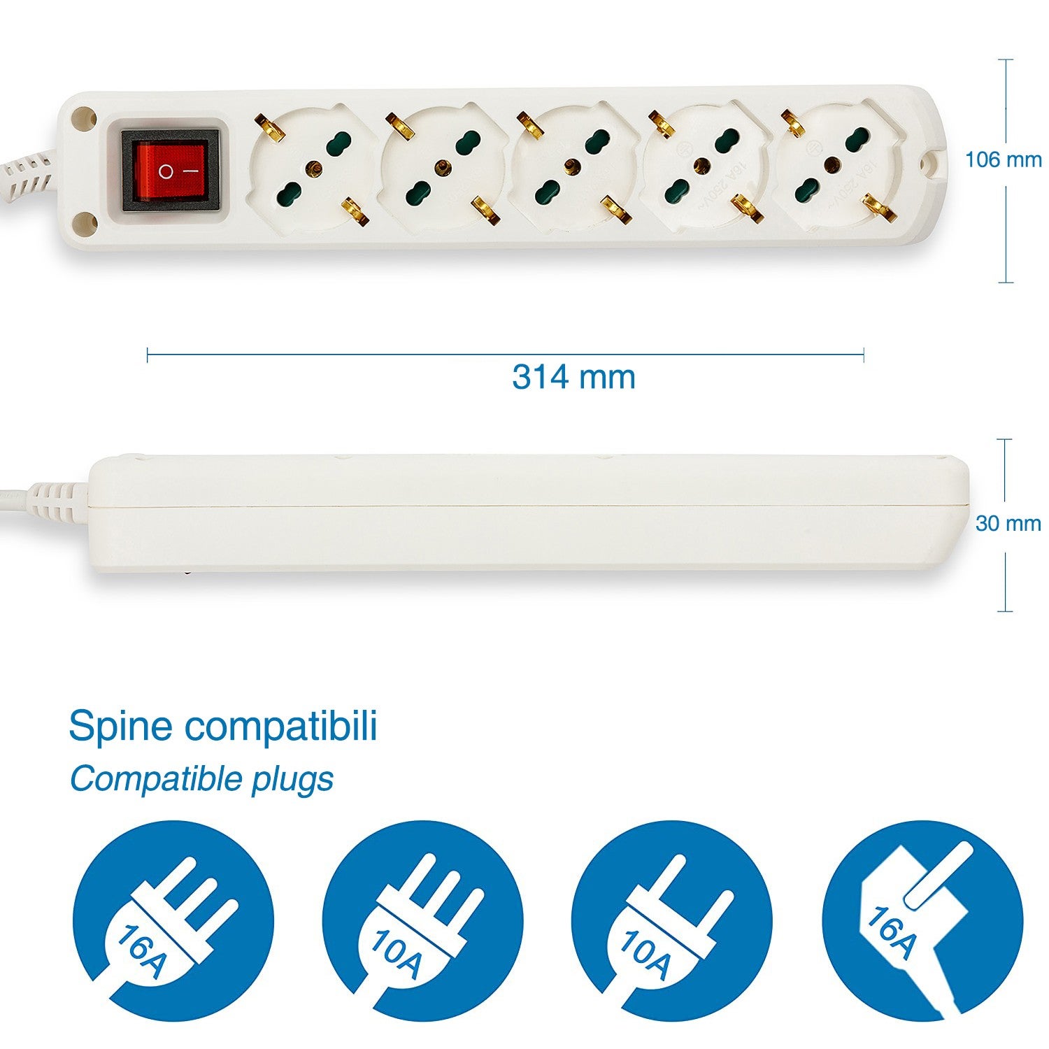 Multiprise italienne 5 entrées, câble de 1,5 m et prise compacte - 4