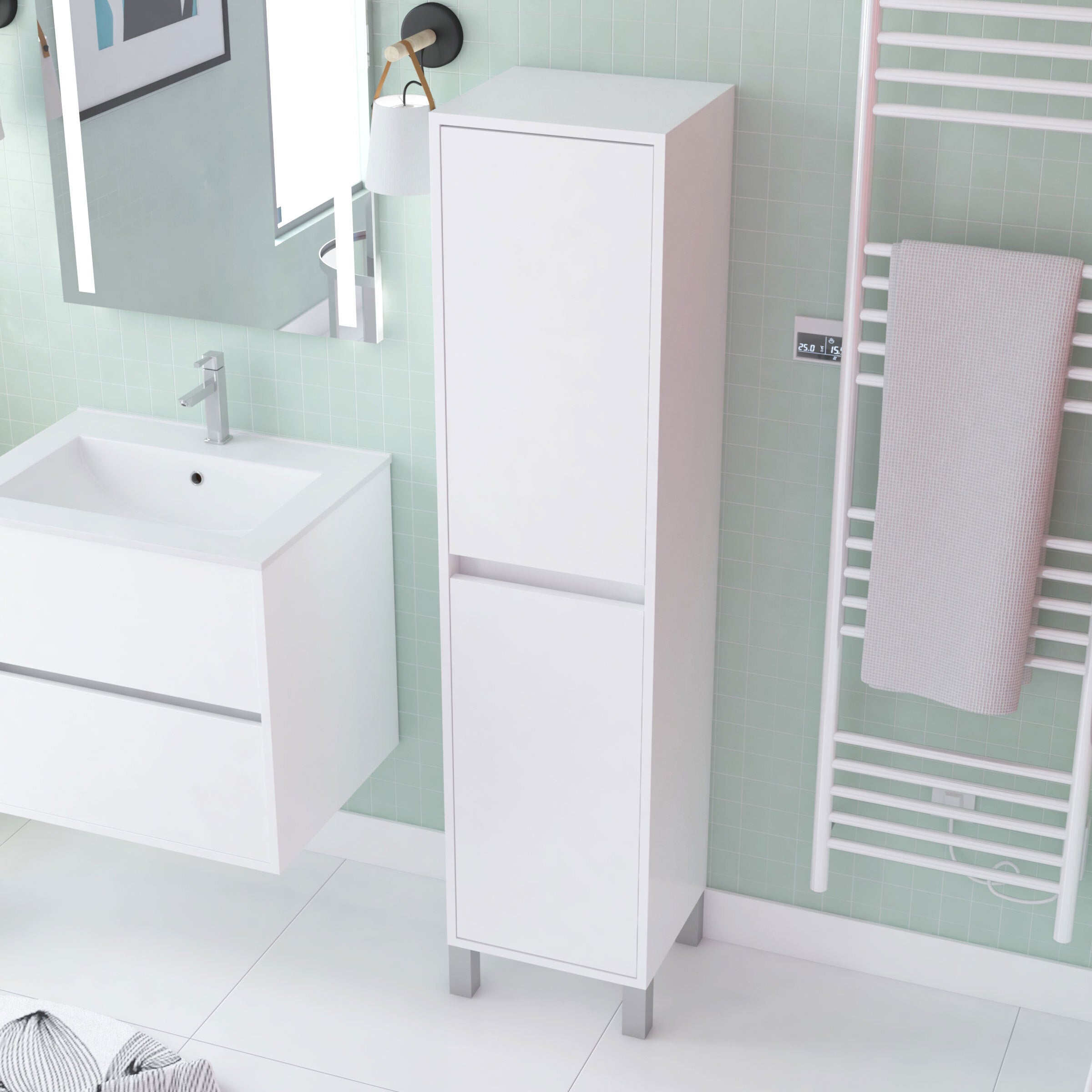 Colonne de rangement Blanc Laqué sur Pieds - Hauteur 160 cm - 2 Portes - XENOS - 2